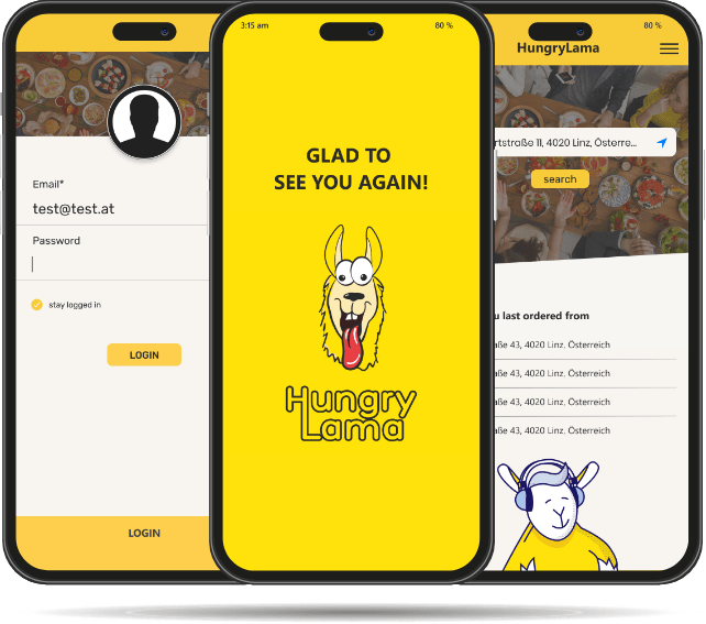 Hungry Lama mobile app interface - Codexia Technologies